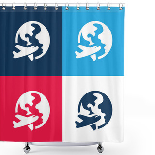 Personality  Airplane Around Earth Blue And Red Four Color Minimal Icon Set Shower Curtains