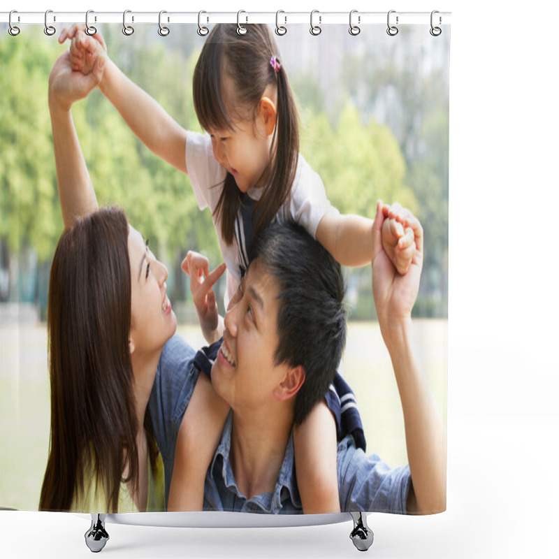 Personality  Chinese Family Giving Daughter Ride On Shoulders In Park Shower Curtains