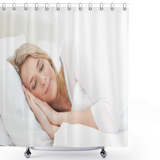 Personality  Woman Sleeping In Bed, Hands Positioned Beside Her Face Shower Curtains