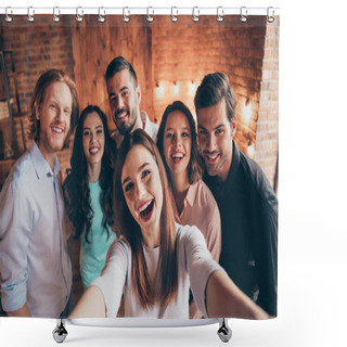 Personality  Self-portrait Of Nice Attractive Lovely Charming Winsome Cheerful Cheery Glad Ecstatic Positive Ladies Gentlemen Having Fun Embracing House Event Dream In Industrial Loft Interior Room Indoors Shower Curtains