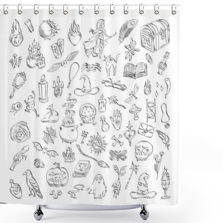 Personality  Collection Of Monochrome Illustrations Of Magic Items In Sketch Style. Hand Drawings In Art Ink Style. Black And White Graphics. Shower Curtains