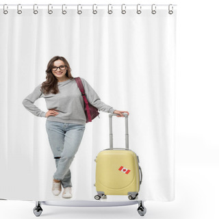 Personality  Smiling Female Student With Suitcase Isolated On White, Studying Abroad Concept Shower Curtains