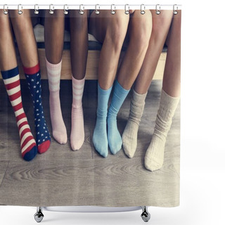 Personality  Closeup Of Four Pairs Of Legs With Socks Shower Curtains