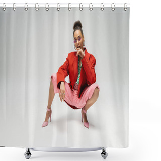Personality  Full Length Of Trendy African American Woman In Bold Attire And Sunglasses Posing On Grey Backdrop Shower Curtains