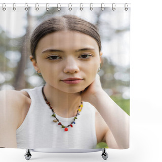 Personality  Portrait Of Young Brunette Woman In Top And Necklace Looking At Camera Outdoors  Shower Curtains