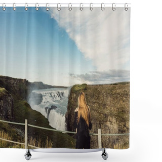 Personality  Back View Of Young Woman Looking At Scenic Majestic Waterfall In Iceland  Shower Curtains
