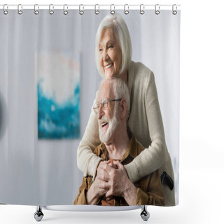 Personality  Cheerful Senior Woman Embracing Happy Disabled Husband  Shower Curtains
