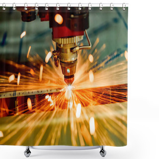 Personality  CNC Laser Cutting Of Metal, Modern Industrial Technology. Small Depth Of Field. Warning - Authentic Shooting In Challenging Conditions. Shower Curtains