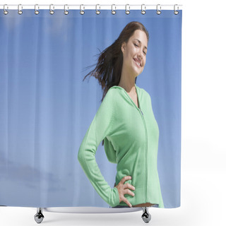 Personality  Portrait Of Young Woman Against Blue Sky Shower Curtains
