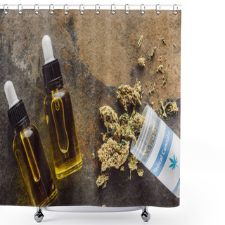Personality  Top View Of Medical Marijuana Buds Near Container And Bottles With Hemp Oil On Marble Surface Shower Curtains