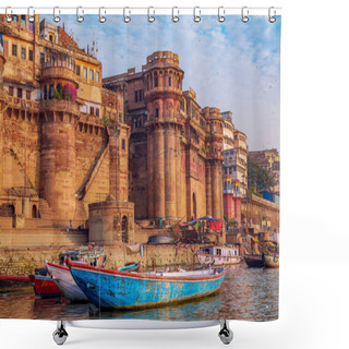 Personality  Historic Varanasi City With Ancient Architecture And Tourist Boats Along The Ganges River Bank. Varanasi Is A Popular Tourist Destination Of India. Shower Curtains