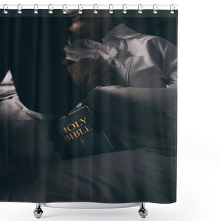 Personality  Cropped View Of Exorcist With Bible Holding Hands With Demonic Obsessed Girl In Bed  Shower Curtains