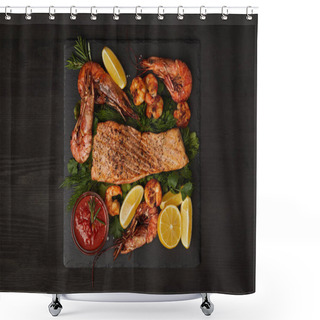 Personality  Top View Of Grilled Salmon Steak, Shrimps, Pieces Of Lemon And Sauce On Black Surface Shower Curtains