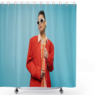 Personality  Portrait Of Stylish African American Woman In Trendy Accessories And Vibrant Outfit Posing On Blue Shower Curtains
