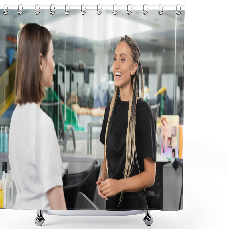 Personality  happy beauty worker welcoming female client, cheerful hair stylist with braids looking at woman in salon, customer satisfaction, beauty industry, hair extension, hair colorist, salon job  shower curtains