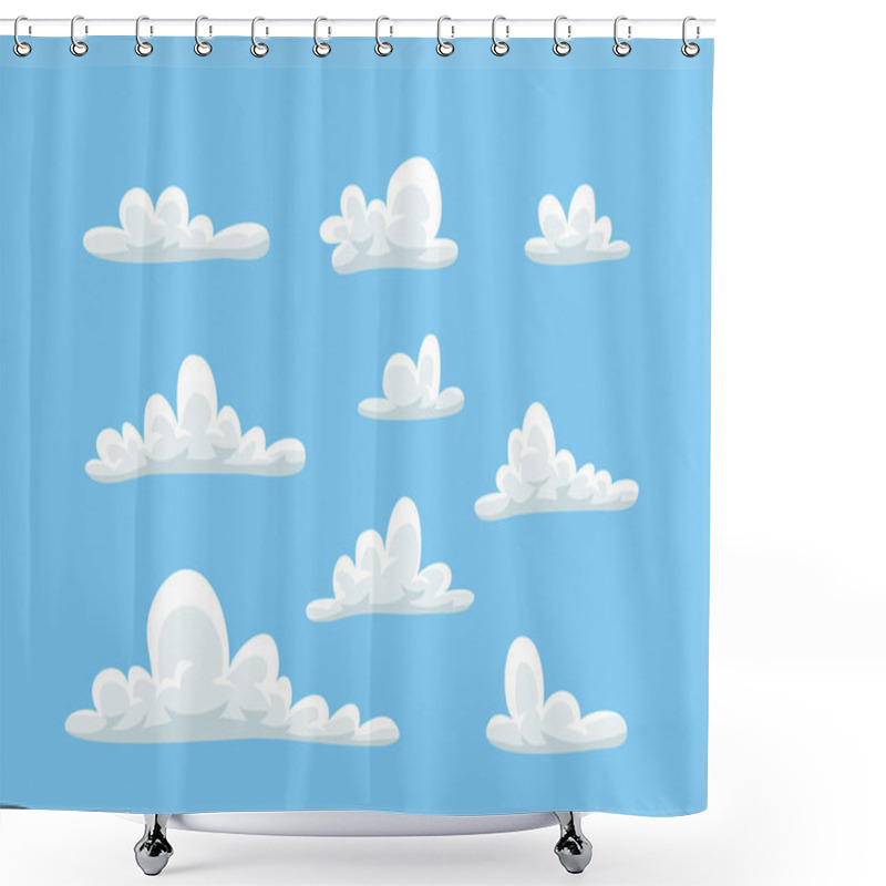Personality  Set of funny clouds in flat style on blue background. Hand drawn illustration cartoon sky. Creative art work. Actual vector weather drawing shower curtains