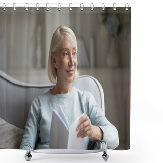 Personality  Happy Mature Woman Distracted From Reading Book At Home Shower Curtains
