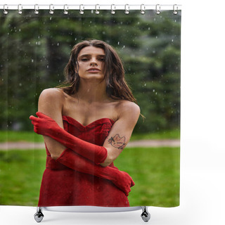 Personality  An Alluring Young Woman In A Red Dress Stands Gracefully In The Rain, Embracing The Summer Shower With Stylish Sophistication. Shower Curtains