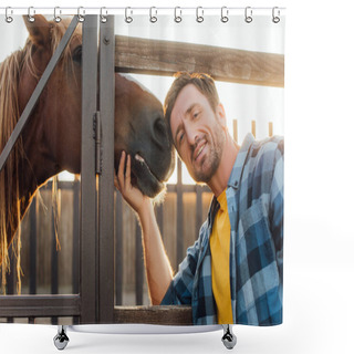 Personality  Rancher In Plaid Shirt Touching Horse While Looking At Camera Near Corral Fence Shower Curtains