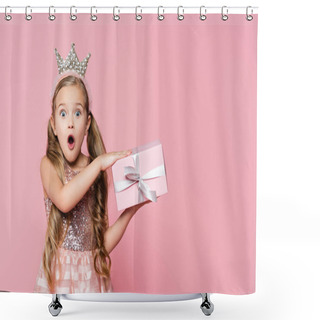 Personality  Amazed Little Girl In Crown Holding Wrapped Present Isolated On Pink  Shower Curtains