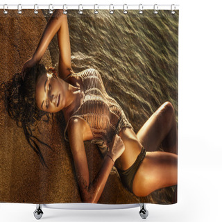 Personality  Sensual Lady Lying On The Beach. Shower Curtains
