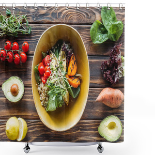 Personality  Flat Lay With Vegetarian Salad With Grilled Vegetables, Sprouts, Cherry Tomatoes In Bowl And Arranged Fresh Ingredients Around On Wooden Tabletop Shower Curtains