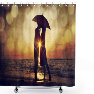 Personality  Couple Kissing Under Umbrella At The Beach In Sunset. Photo In O Shower Curtains