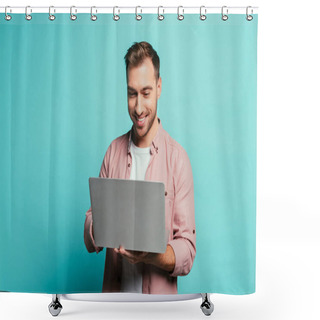 Personality  Cheerful Bearded Man Using Laptop, Isolated On Blue Shower Curtains
