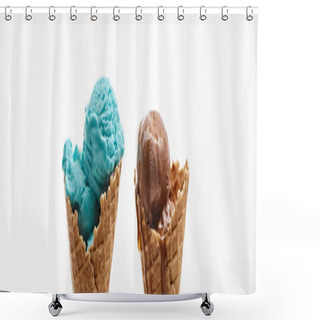 Personality  Delicious Sweet Chocolate And Blue Ice Cream In Crispy Waffle Cones Isolated On White, Panoramic Shot Shower Curtains