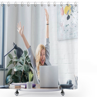 Personality  Happy Businesswoman Screaming With Hands Up And Looking At Laptop Shower Curtains