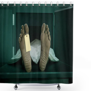 Personality  Male Human Body Lying Dead At Morgue Capsule With Blank Identification Label . Close Up Foot Of Man Cadaver Covered With Sheet Having Indentity Tag On Toe In Death Concept Shower Curtains