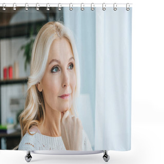 Personality  Pensive Woman Standing And Thinking At Home Shower Curtains