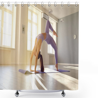 Personality  Yoga Girl. Young Attractive Athletic Woman Practices Yoga In A Sunny Room In The Morning At Sunrise. Shower Curtains