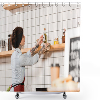 Personality  Selective Focus Of Barista Cleaning Wooden Shelf In Coffee Shop Shower Curtains