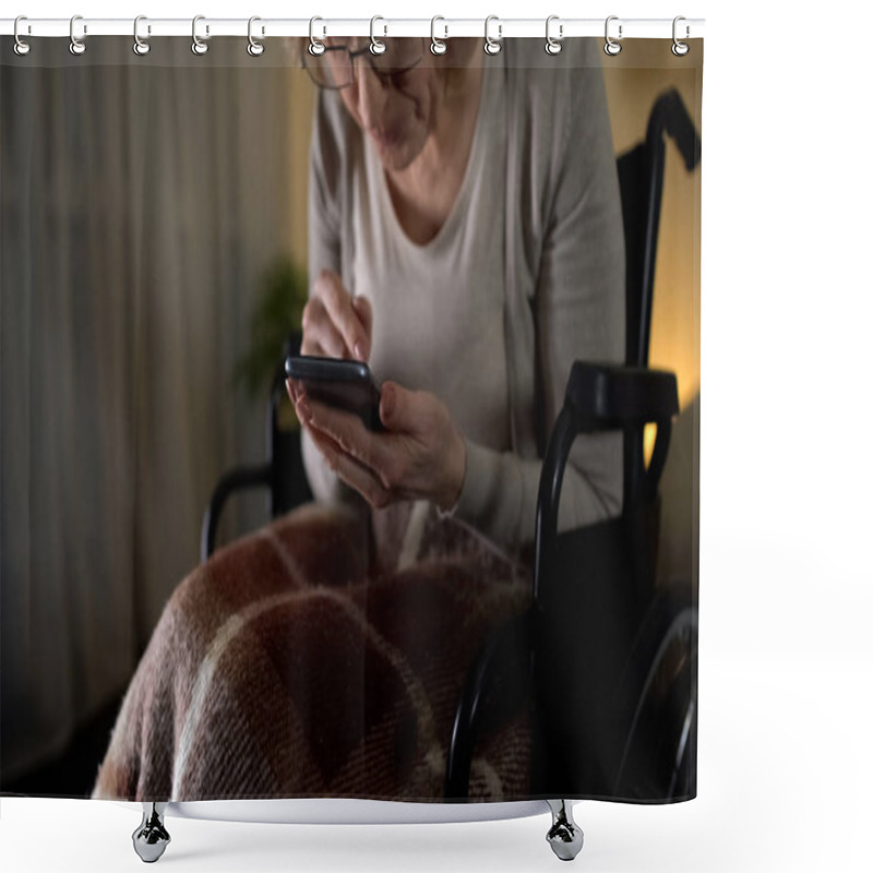 Personality  Old Woman In Wheelchair Viewing Photos On Smartphone, Love To Grandchildren Shower Curtains