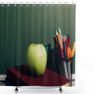 Personality  Whole Apple On Books Near Pen Holder With Color Pencils And Felt Pens On Desk Near Green Chalkboard Shower Curtains