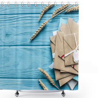 Personality  Top View Of Wooden Blue Background With Envelopes And Wheat Ears Shower Curtains