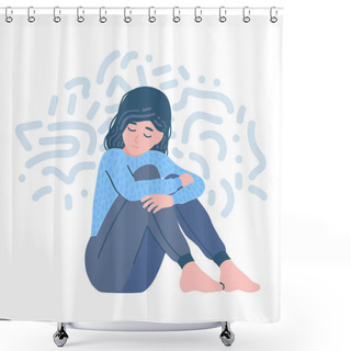Personality  Mental Disorder. Depression Woman. Girl Confused. Teen In Stressful Situation. Teenager Psychological Problem, Shame. Stress, Despair, Anxiety Disorder, Fatigue. Flat Cartoon Vector Illustration Shower Curtains