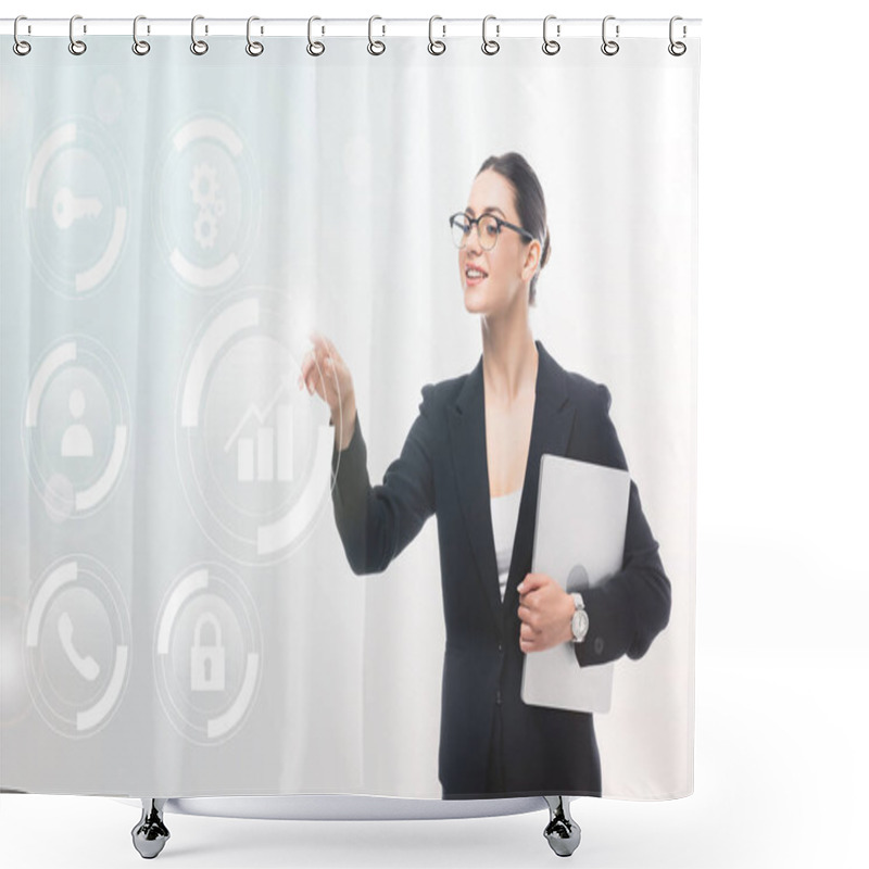 Personality  Smiling Businesswoman Holding Laptop And Pointing With Finger At Safety Icons And Multimedia Pictograms On Grey Background Shower Curtains
