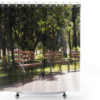 Personality  Sunshine On Wooden Benches In Green Peaceful Park  Shower Curtains