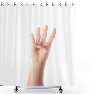 Personality  Partial View Of Woman Showing Number 4 In Sign Language Isolated On White Shower Curtains
