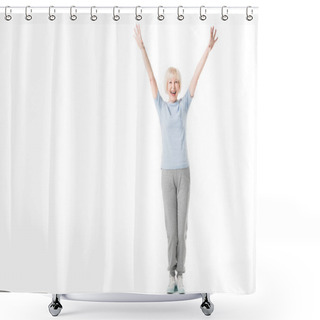Personality  Happy Senior Sportswoman Standing With Arms Up Isolated On White Shower Curtains