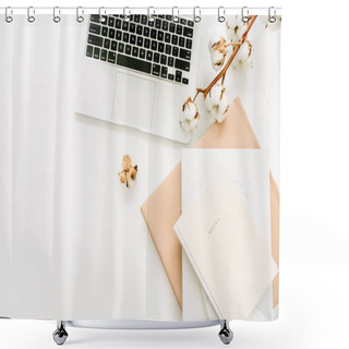 Personality  Laptop, Notebook, Cotton Branch On White Background. Flat Lay, Top View Minimal Freelancer Home Office Desk Workspace. Shower Curtains