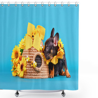 Personality  French Bulldog Dog Puppy Ribbon Collar Sitting Next To Beehive And Sunflowers On Blue Background Shower Curtains