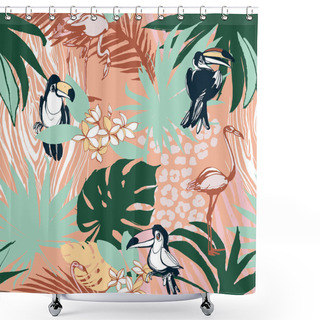 Personality  Tropical Floral Summer Seamless Color Background Pattern Palm Leaves, Birds Shower Curtains