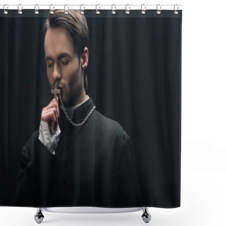Personality  Young Thoughtful Catholic Priest Kissing Silver Cross With Closed Eyes Isolated On Black Shower Curtains