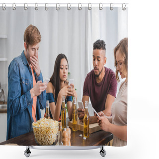 Personality  Selective Focus Of Multiethnic Friends Using Mobile Phones Near Beer And Popcorn During Party Shower Curtains
