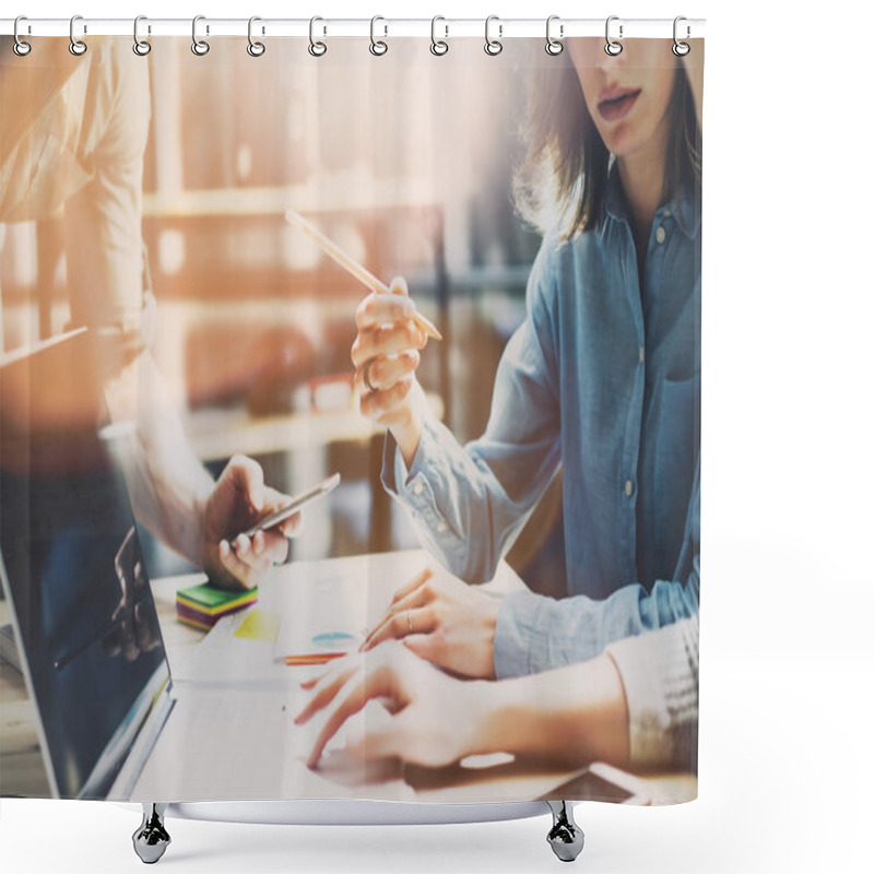 Personality  Brainstorming Process. Photo Young Business Crew Working With New Startup Project.Notebook On Wood Table. Idea Presentation, Analyze Marketing Plans. Blurred Background, Film Effect. Shower Curtains