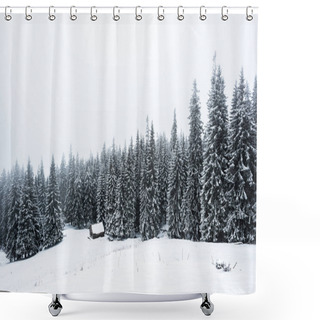 Personality  House Near Pine Trees Forest Covered With Snow On Hill With White Sky On Background Shower Curtains