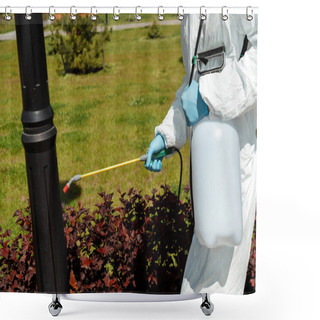 Personality  Cropped View Of Specialist In Hazmat Suit And Respirator Disinfecting Lamppost In Park During Coronavirus Pandemic Shower Curtains